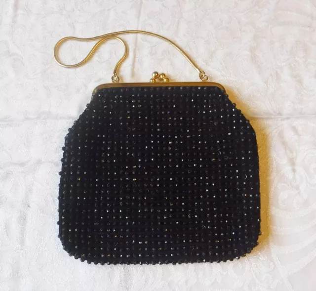 50S-60S Evening Bag Black Lucite Faceted Beads Snake Handle Purse Clasp Chic