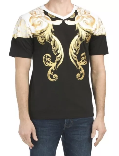 Versace 19-V-69 ITALIA Mens Gold Foil V neck Black Shirt SzM~Excellent Condition 2