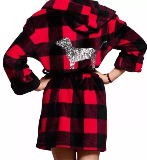 Victorias Secret PINK Red and Black Buffalo Plaid Bling Fleece Robe