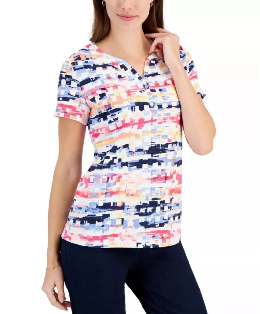 Karen Scott Women's Printed Short-Sleeve Henley Top White/Rose XL