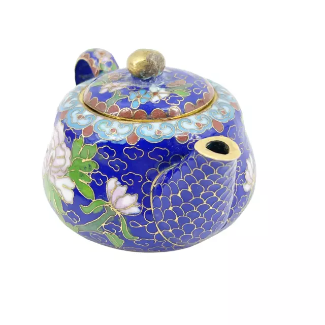 Vintage Cloisonne Miniature Japanese Teapot Brass Cobalt Enamel Lotus Flower 2