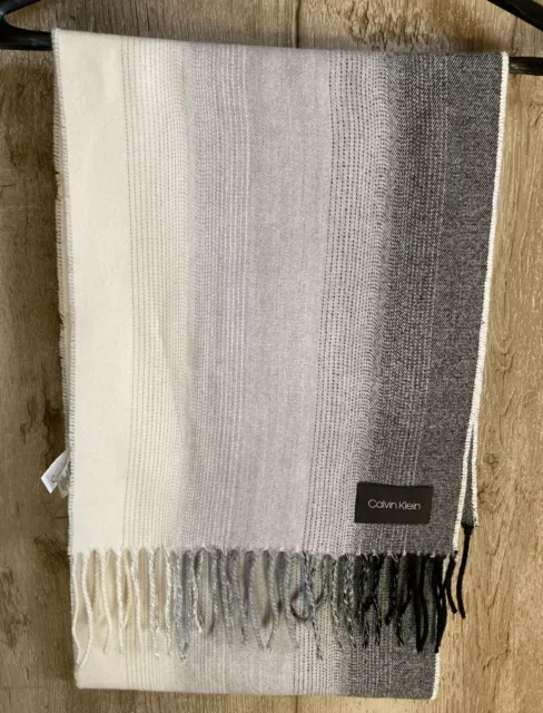 Calvin Klein 64in long Womens Winter Scarf Black Cream Gray Ombre Fringe -soft