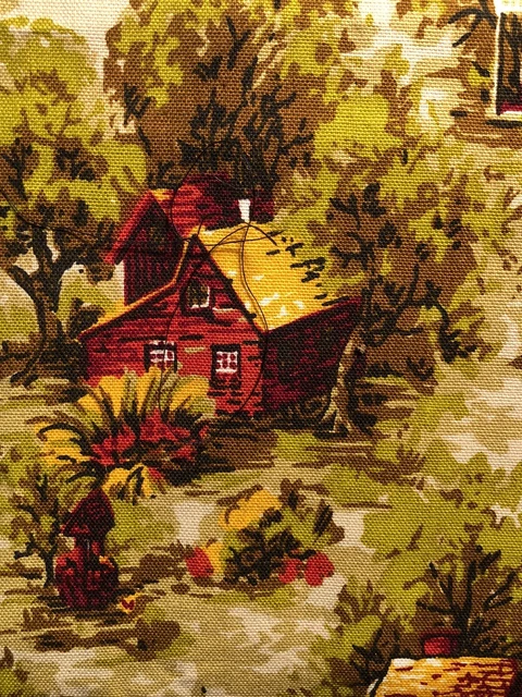 1960’s Vintage Dupont Savalux Red Gold Church HousesFabric  7/8 Yard X 48” Wide