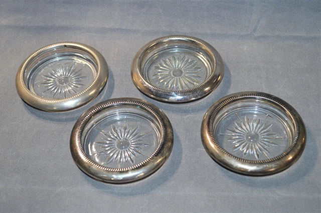 4 Coasters Glass and Silver Plated Vintage Stamped Hong Kong & Italy