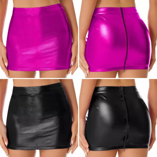 Womens PVC Leather Wet Look High Waist Zipper Bodycon Pencil Mini Skirt Clubwear