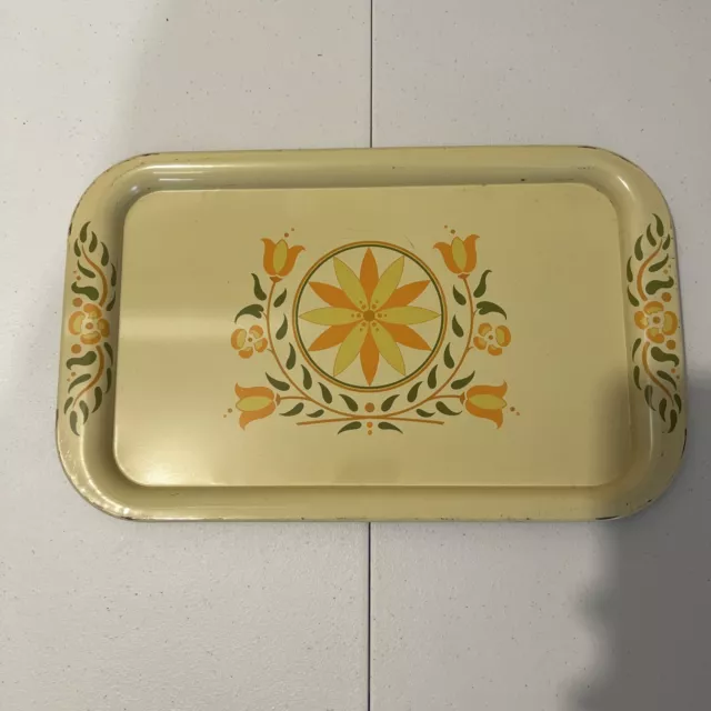 Vintage Mid-century Modern Metal Folk Art Yellow Tray