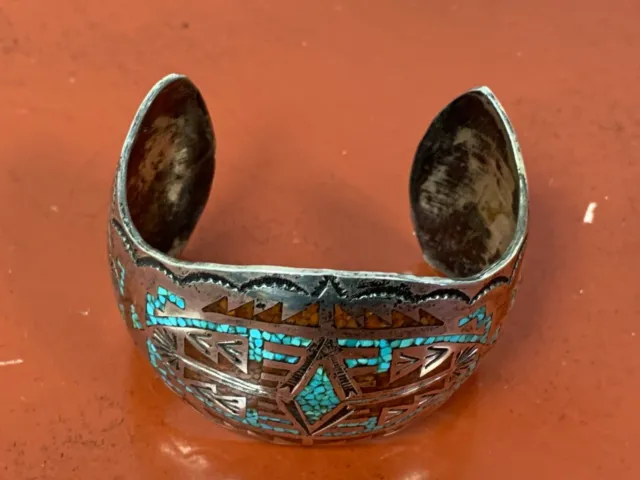 Vintage Nakai Navajo Turquoise & Coral Inlay  Sterling Silver Cuff Bracelet
