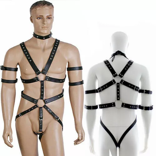 Sexy Male PU Leather Clubwear Body Suit Harness Gay Buckle Restraints Bondage SM 2