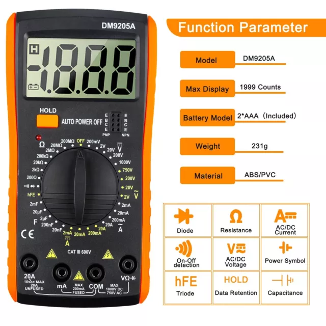 Digital Multimeter Voltmeter Resistance Capacitance Temp Transistor Tester Meter