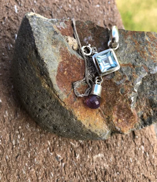 Sterling Silver Blue Topaz & Purple Amethyst Gemstone Pendant and Chain