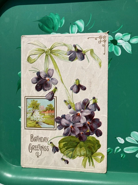 Birthday Greetings, Purple Violets, Rural River Scene, Victorian Postcard