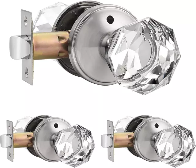 3 Pack Clear Glass Privacy Door Knobs, Satin Nickel Bedroom/Bathroom Door Handle