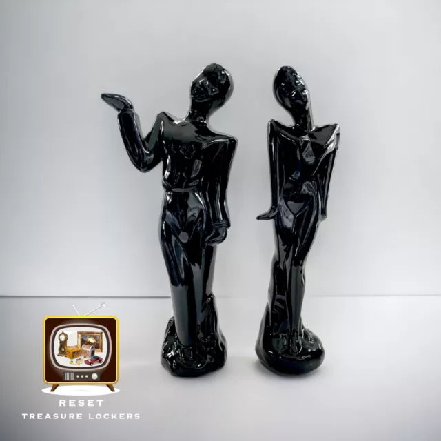 Art Deco Set of 2 Statues Fine Porcelain Black Gloss Vintage Figures 12 in box