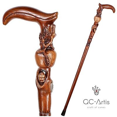 Wooden Walking Сane Stick Hand Carved Engraved Handle - Paradise Apple Tree