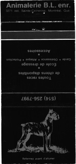 Montreal Quebec Canada Animalerie B.L. Enr., Pet Shop Vintage Matchbook Cover