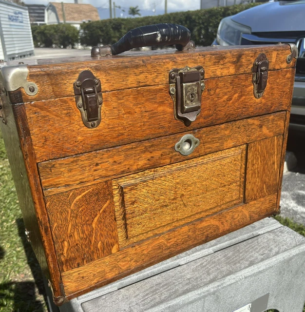 RARE TIGER OAK ANTIQUE GERSTNER Tool Box Machinist Chest Felt 7Drawer
