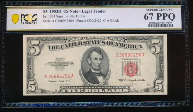 AC 1953B $5 Legal Tender PCGS 67 PPQ C-A block Fr 1534