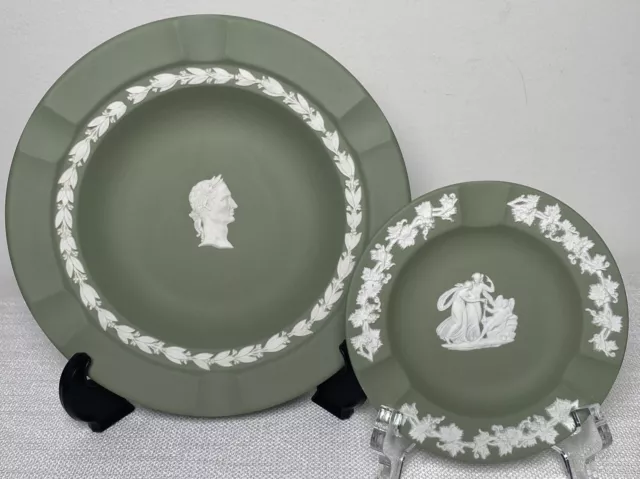 Set of 2 Vintage Wedgewood Jasperware Sage Green Ashtrays/Trinket Dish-7” & 4.5”