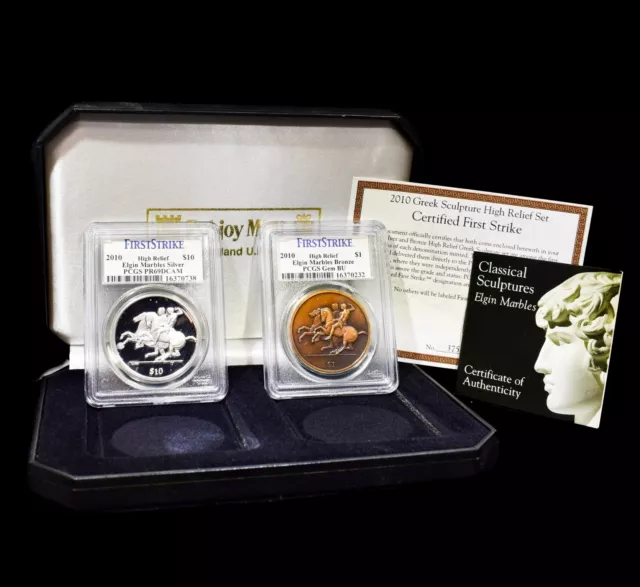 2010 2 Coin Set ✪ Greek Sculpture Elgin Marbles ✪ High Relief Coin Pcgs◢Trusted◣