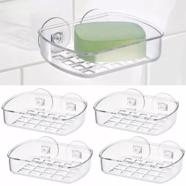 4 X Clear Soap Dish Suction Cup Drain Holder Bar Saver Tray Bathroom Shower Rack