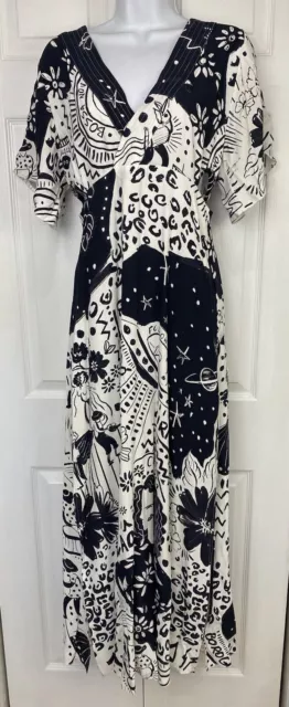 Farm Rio Sz S Maxi Dress V-Neck Black White Alien UFO People Tropical Leopard