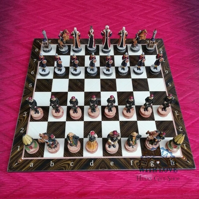 Chess Set Hungarian vs Ottoman Hand Painted Chess Pieces and Walnut Game Board 4