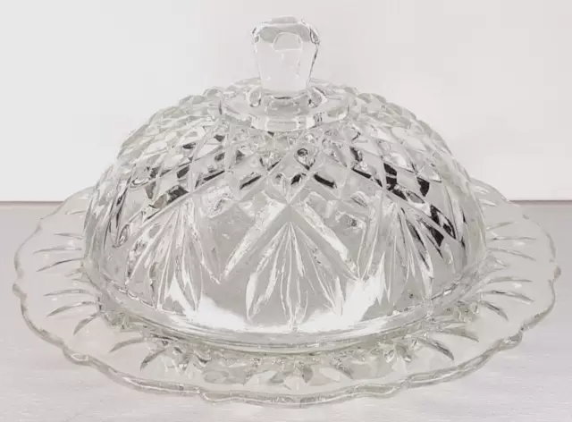 Anchor Hocking Glass Butter Dish Prescut Clear Round Covered Vintage Serveware