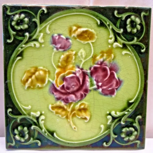 Antique Tile Majolica England Art Nouveau Ceramic Porcelain Purple Rose Old" 107
