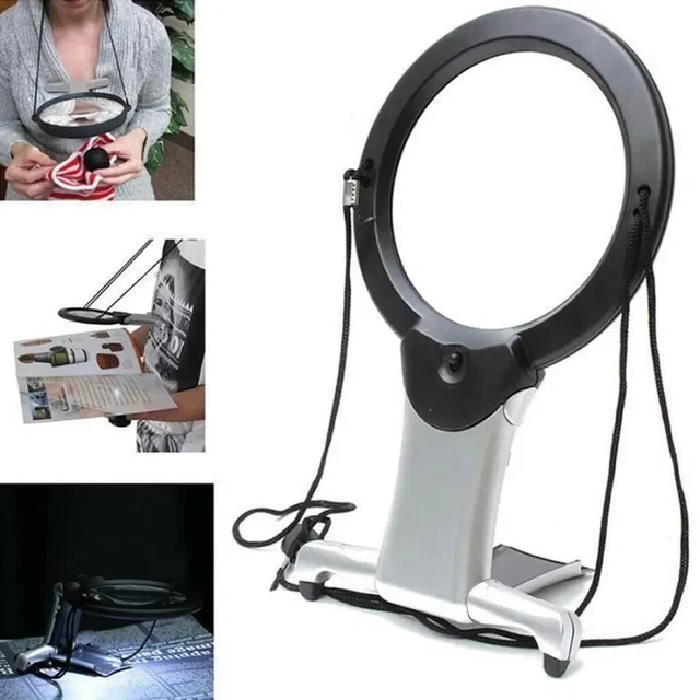 Loupe De Lecture Posée 5x Avec 5 LED Et Housse - Verre Optique, Doré, 7cm, Neuf