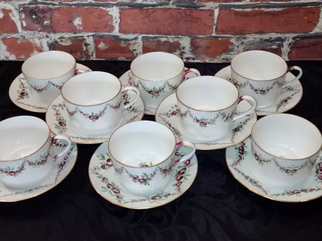 8 Tasses A Cafe+ Soucoupes En Porcelaine Limoges Fait Main Et Signé LM