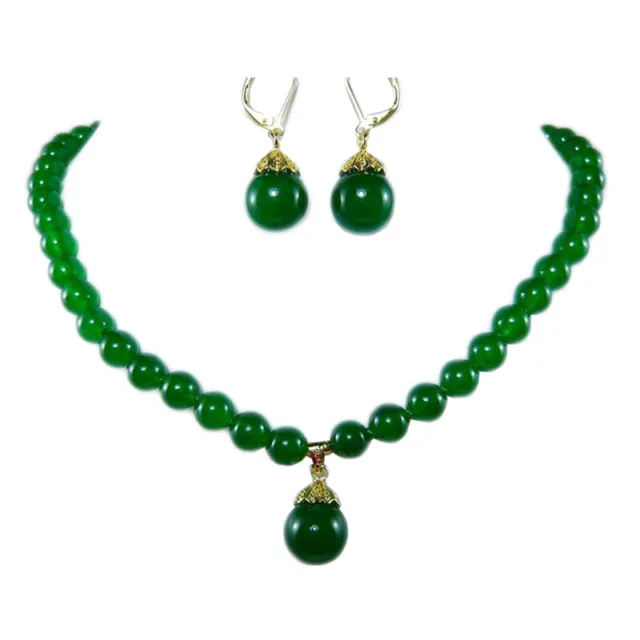 18K Gold Plated Jade Pearl Pendant Necklace Earrings Jewelry Set Wedding Gifts