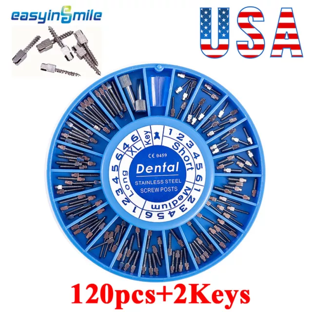 Dental Stainless Steel Endo Screw Posts Assorted Conical Screw Kits 120Pcs&2Keys