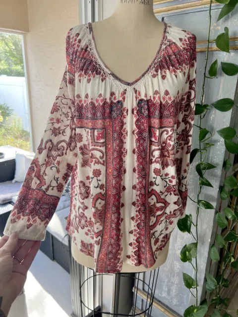 Lucky Brand Fall Floral Scarf Print Peasant Boho Slouchy Blouse Top Size Large