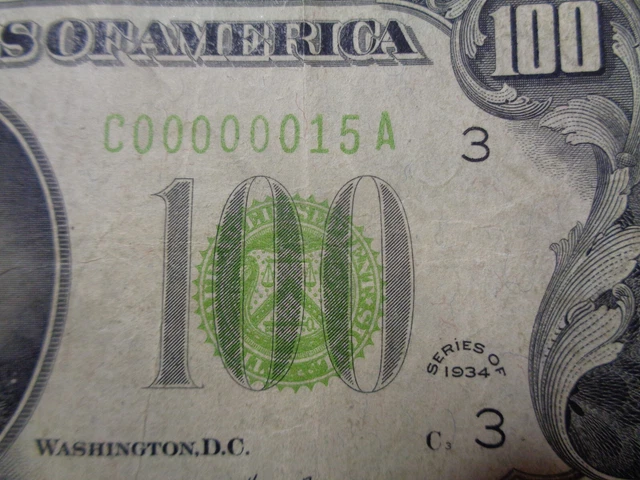 ==Lowest Serial# Known== 1934 $100 Philadelphia Frn (Serial #15)