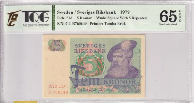 1979 Sweden 5 Kronor  Pick#51d 65 EPQ Gem UNC