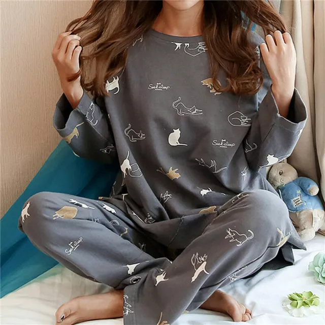 Damen Pyjama Nachtwäsche Langarm Schlafanzug Lange Hosen/Oberteil Set Loungewear