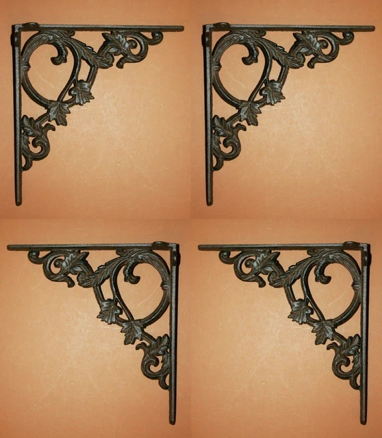 Large Decorative Cast Iron Shelf Brackets, Elegant Leaf, 9 3/8", 4 items, B-37