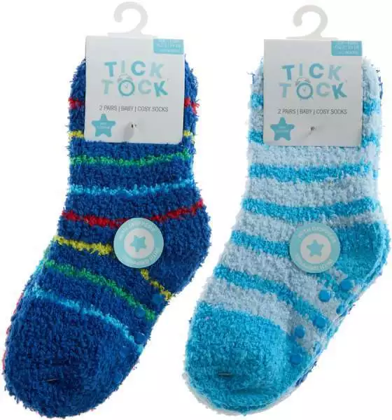 4 Pairs Blue Stripes Baby Boys Cosy Extra Fluffy Gripper Slipper Socks