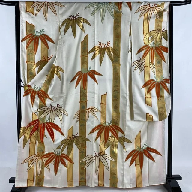 Woman Japanese Kimono Furisode Silk Bamboo Gold Thread Foil Cream