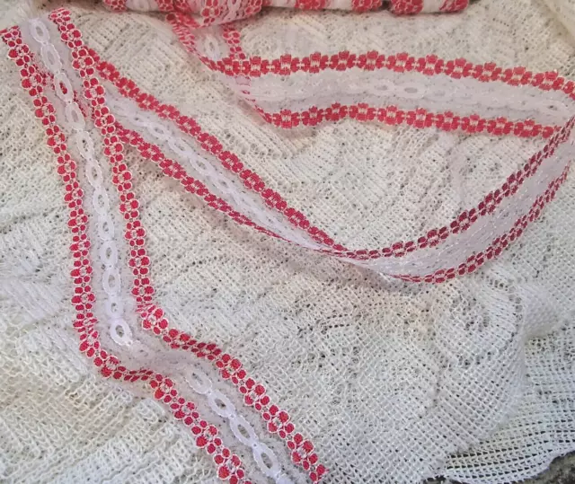 knitting in/coathanger/ eyelet lace 5 metres x 28mm wide white and red