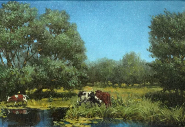 Summer Cows Oil Painting Original Art Landscape Trees Lake Countryside Canvas