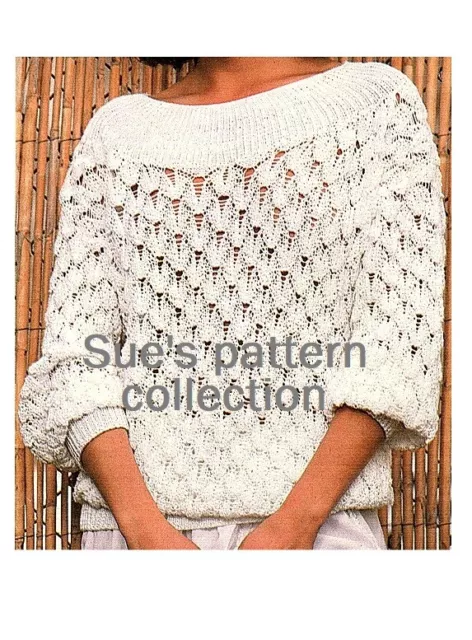 Ladies sweater knitting pattern in 4ply lacy summer jumper slash neck pullover.