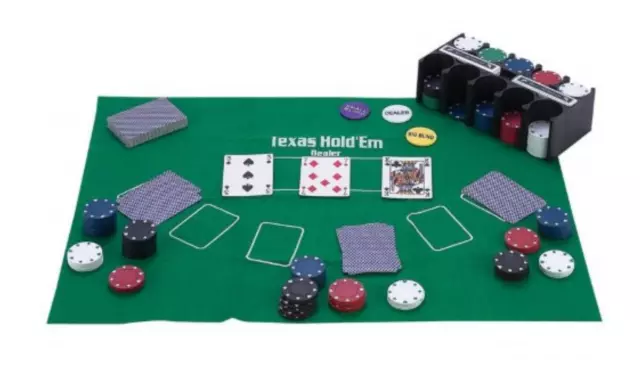 Casino Style Texas Hold'em Poker Set w/Mat 200 Chips Big Dealer & Little Blinds