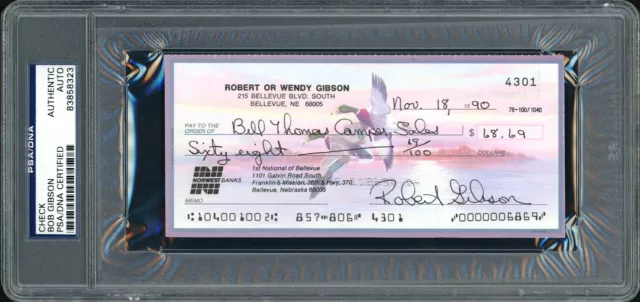 Bob Gibson Autographed Signed Check St. Louis Cardinals Psa/Dna Stock #99217