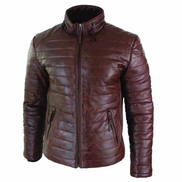 Men Genuine Lambskin Leather Puffer Classic Quilted Solid Moto Brown Coat Jacket