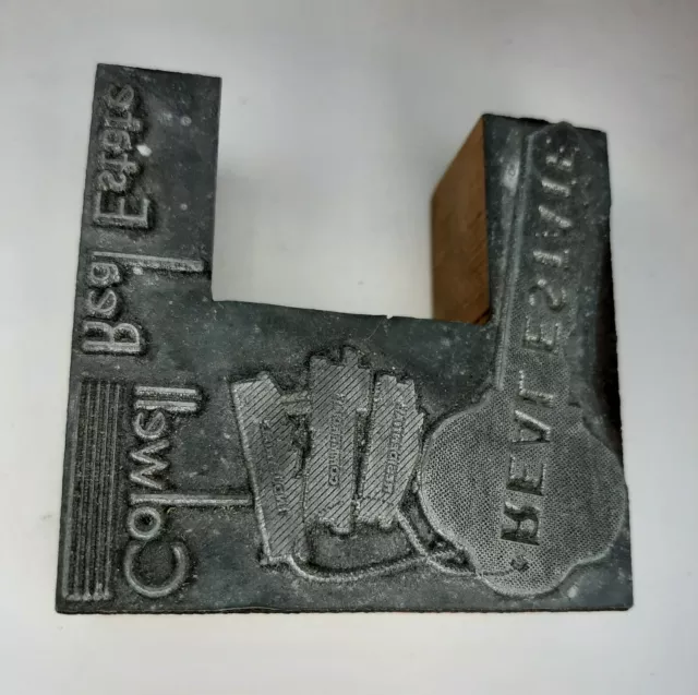 Vintage Letterpress Printing Block Colwell Real estate Company Advertising