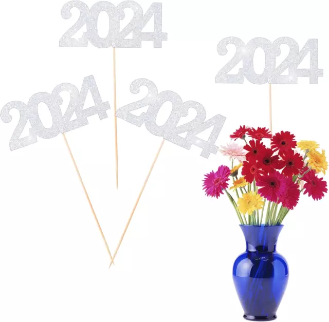 12 PIECES GLITTER 2024 Centerpiece Sticks Silver Double Sided 2024