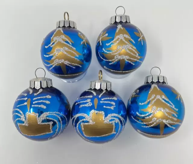 Christmas Ornaments Blue Ball Glass Gold Tree's Silver Glitter Set Of 5