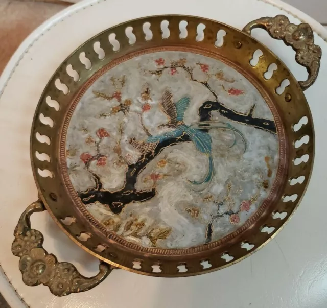Hampton Brass Tray w/Handles Etched Enamel Inlay from India 6", Heavy Beautiful!
