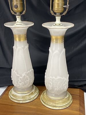Vtg Glass Table Lamp PAIR Moonstone Style Opalescent Floral Deco MCM 1940s 1950s